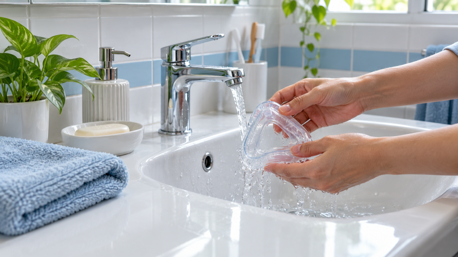 Hands rinsing a clear CPAP mask cushion at a bright bathroom basin